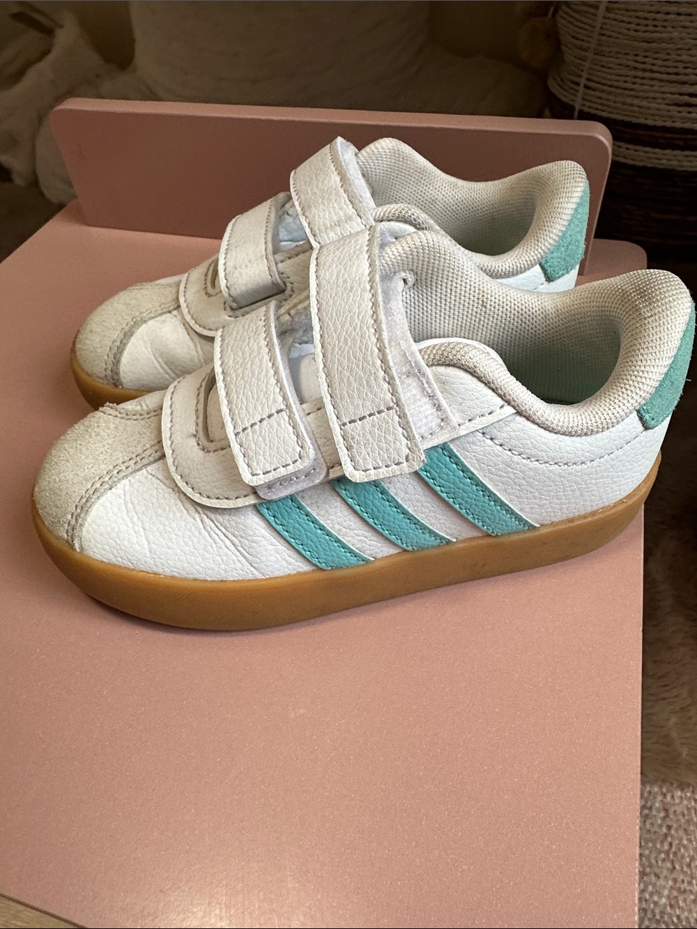 adidas White and Teal Kids Velcro Sneakers